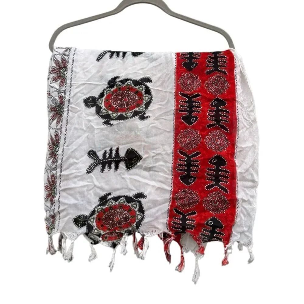 Beautiful Red White & Black Turtle & Fish Bone Scarf / Shawl Wrap